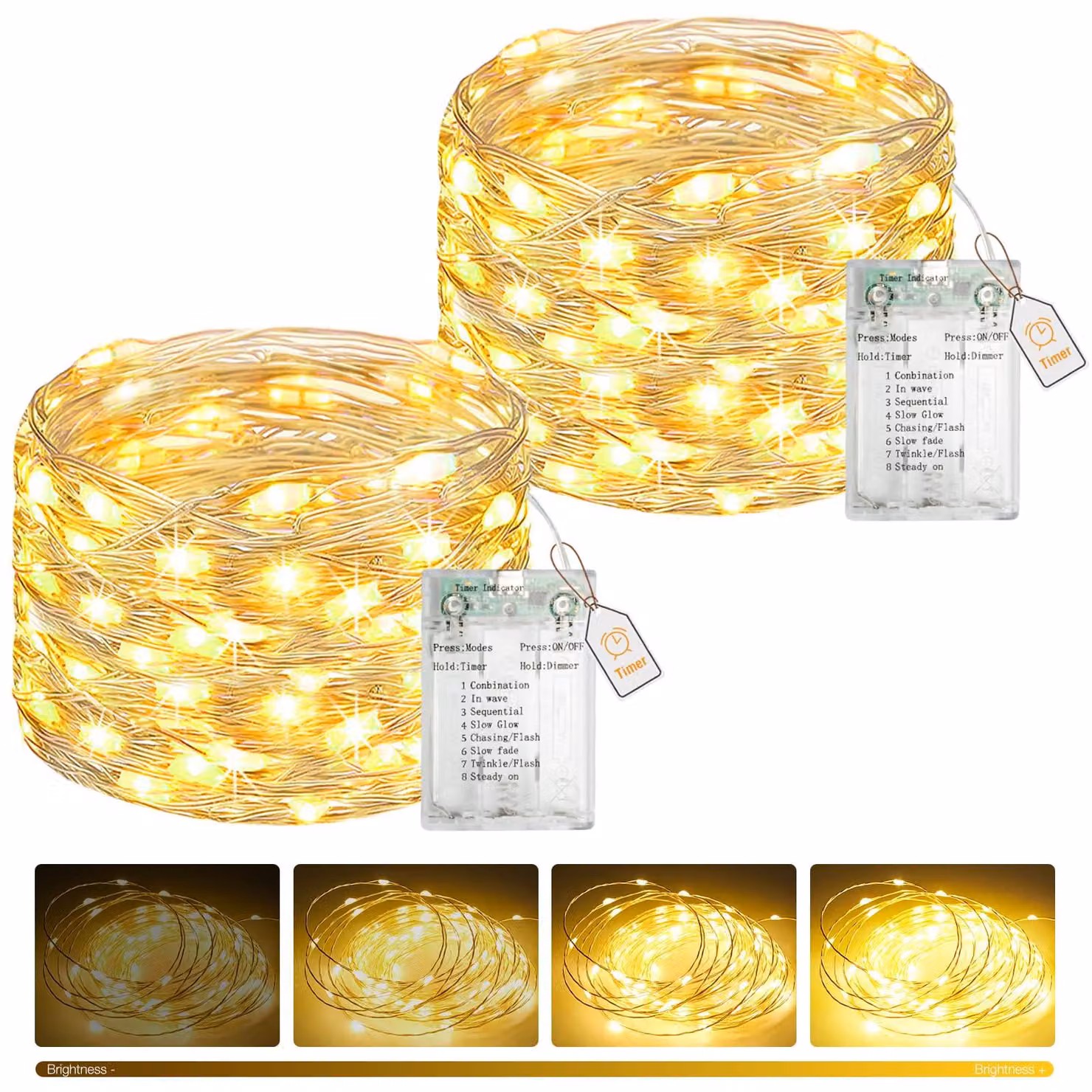 Set di 2 catene luminose a LED, lunghezza 5 metri, 50 LED, luce bianco caldo, con timer, dimmerabile, grado di protezione IP65