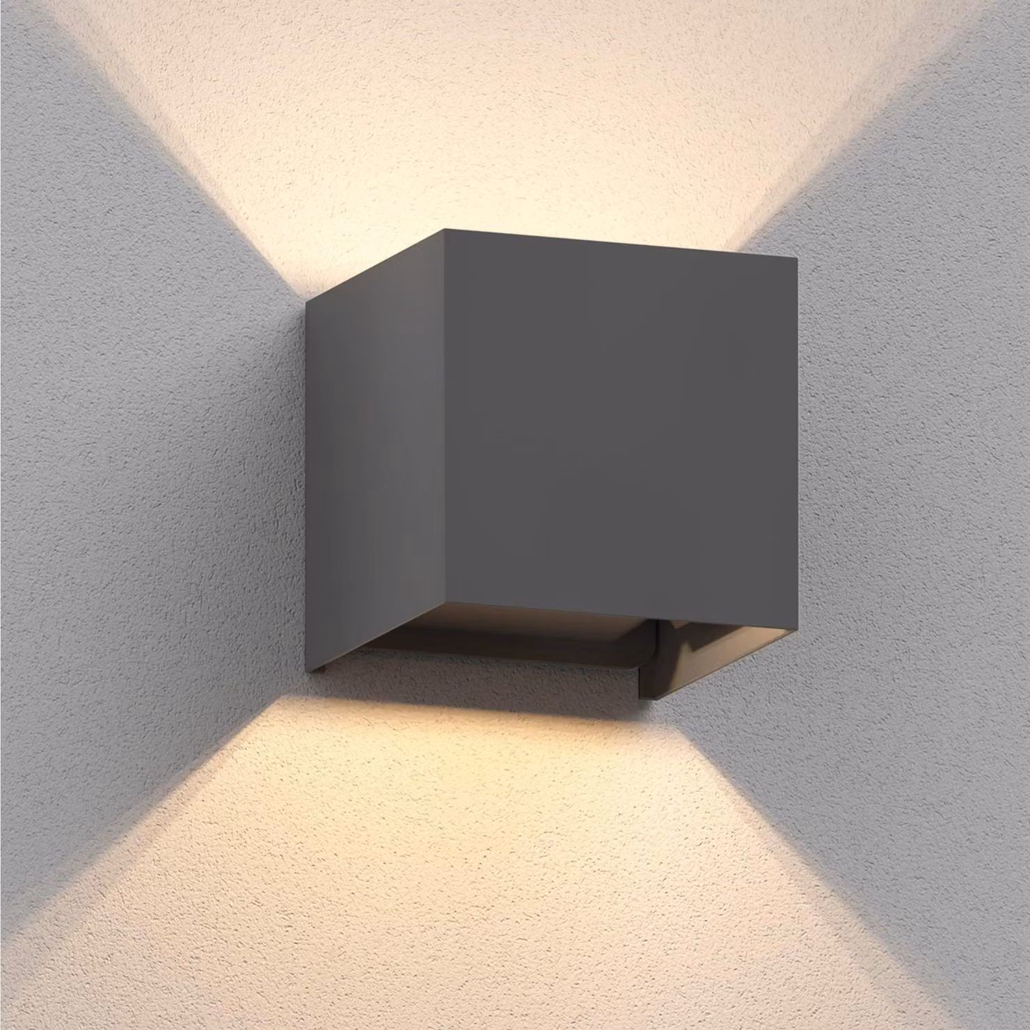 Lampada da parete esterna, grado di protezione IP65, con luce direzionabile verso l'alto e verso il basso, finitura antracite opaca, forma quadrata, attacco G9, potenza massima 10W