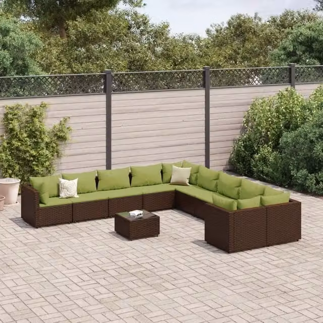 Set di Divani da Giardino vidaXL 11 Pezzi a Forma di U con Cuscini in Polyrattan Marrone e Verde e Tavolino da Esterno
