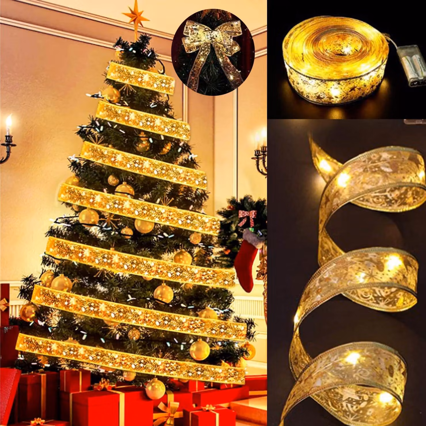 Catena luminosa con nastro decorativo, 5 metri, 50 LED, luce bianco caldo, alimentazione a batteria
