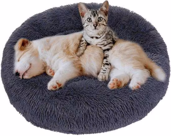 Letto per cani Famanu, morbido e peluche, a forma di ciambella, rotondo, caldo, confortevole, sacco nanna per animali domestici, cuscino a nido per gatti, letto accogliente per cani, divano per cani, lavabile, color grigio scuro