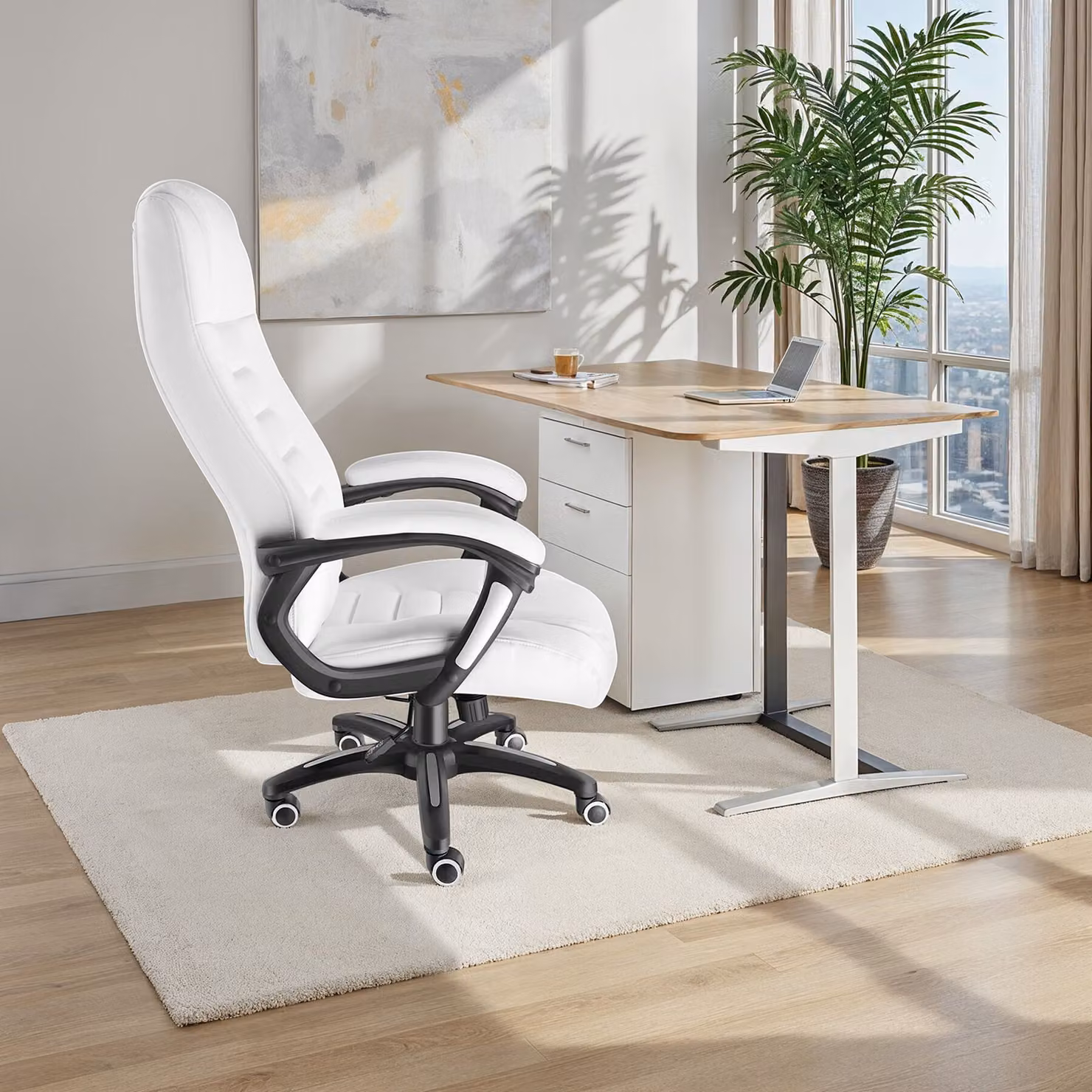 Sedia da ufficio executive TecTake GmbH in similpelle bianca con poggiatesta e ruote – 3