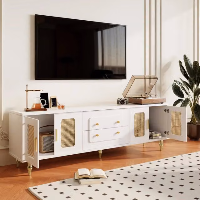 Mobile TV basso WISHDOR in stile retrò con ante effetto rattan e cassetti push-to-open, bianco, L: 175 cm, P: 38 cm, H: 55,5 cm