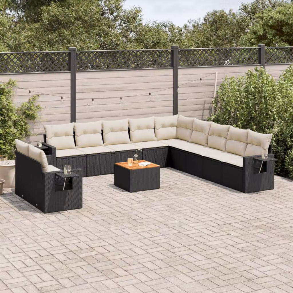 vidaXL Set Divani da Giardino a L con Cuscini Nero in Polyrattan e Telaio in Legno di Acacia – 1