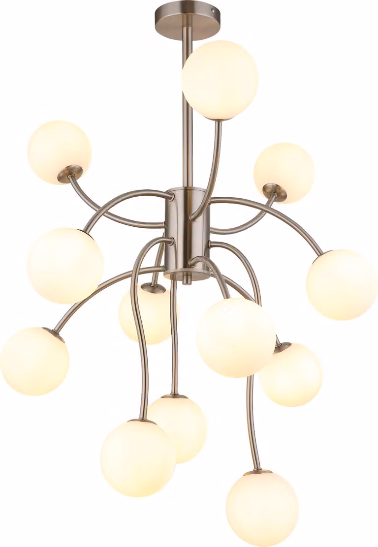 Plafoniera LED, globi di vetro, 12 fiamme, nichel, H 93 cm
