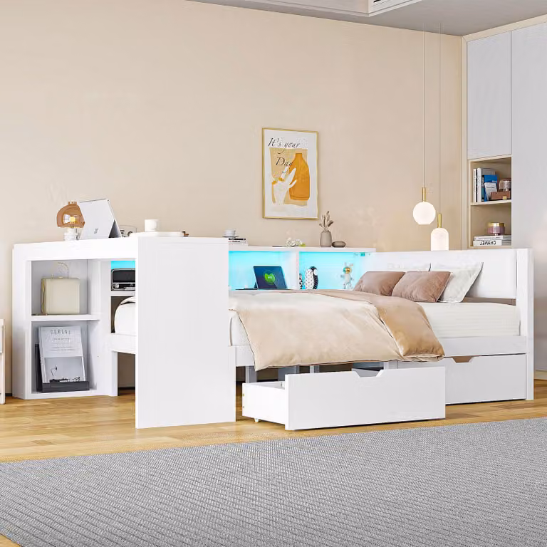 Letto a piattaforma Sweiko 140x200 in legno con ripiani, cassetti, stazione di ricarica e testata imbottita, con luci LED colorate, bianco