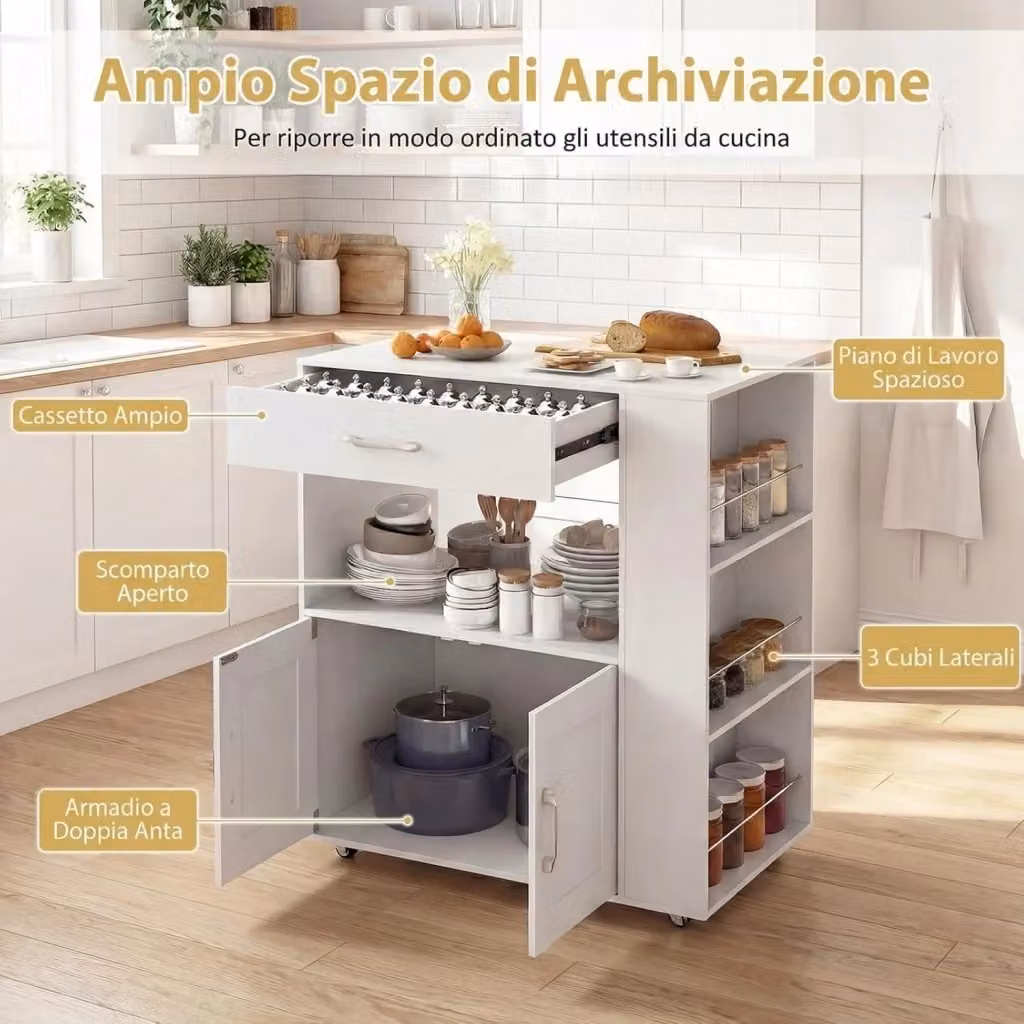 Carrello da Cucina Isola con Ruote COSTWAY Bianco, L/P/H: 82 x 46 x 92 cm – 2