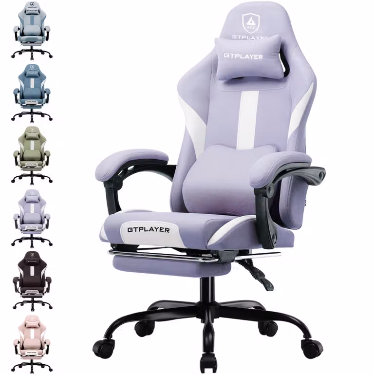 GTPLAYER Sedia da gioco Poltrona da gioco ergonomica Sedia da scrivania con superficie in tessuto Sedia da ufficio traspirante Cuscino a molla con poggiapiedi viola