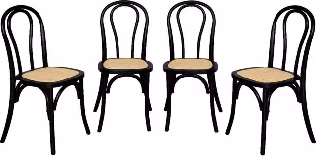 Set 4 sedie vintage in legno e rattan, nero