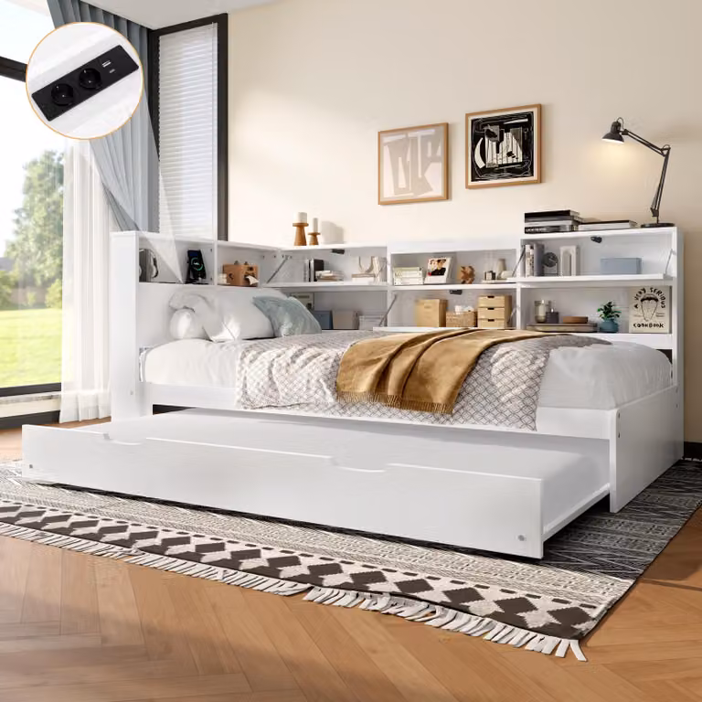 Sweiko Daybed,Divano letto,90x200cm,Testata con vano contenitore,Letto allungabile,Senza materasso,Bianco
