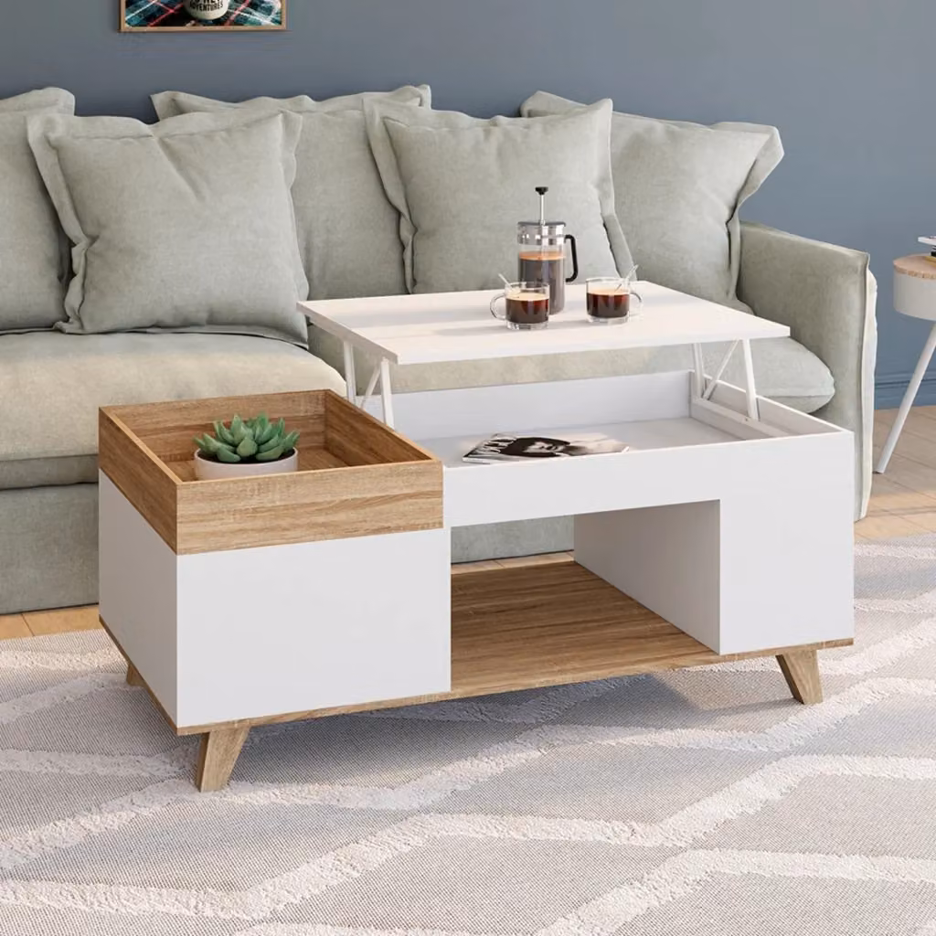 IDMarket Tavolino da caffè elevabile STELLA in legno e bianco con piano estraibile e finitura opaca – 2