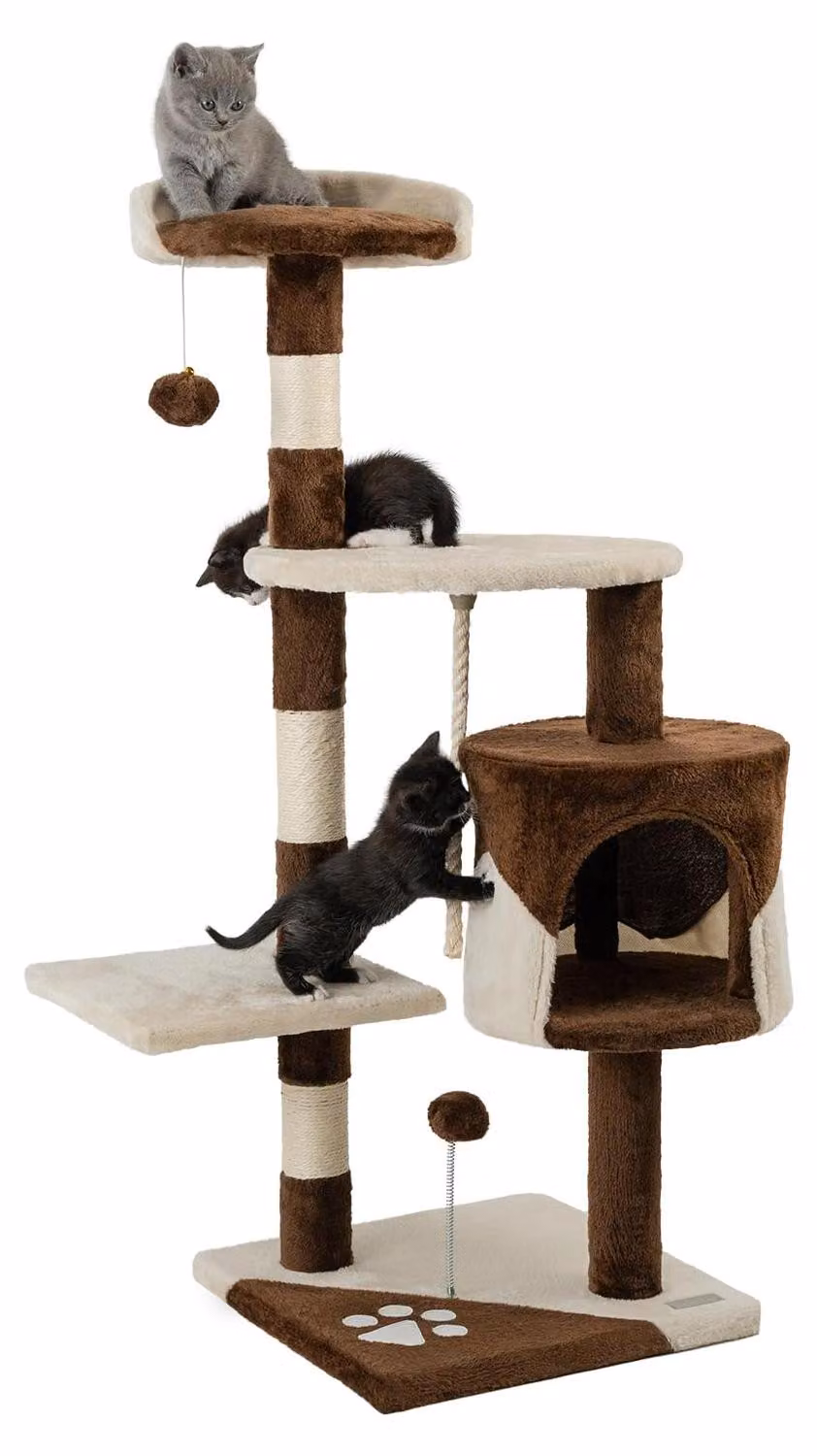 tiragraffi lionto per gatti alto 112 cm, con grotta, corda in sisal, palline di peluche e supporto a parete, albero compatto per arrampicarsi, marrone/beige