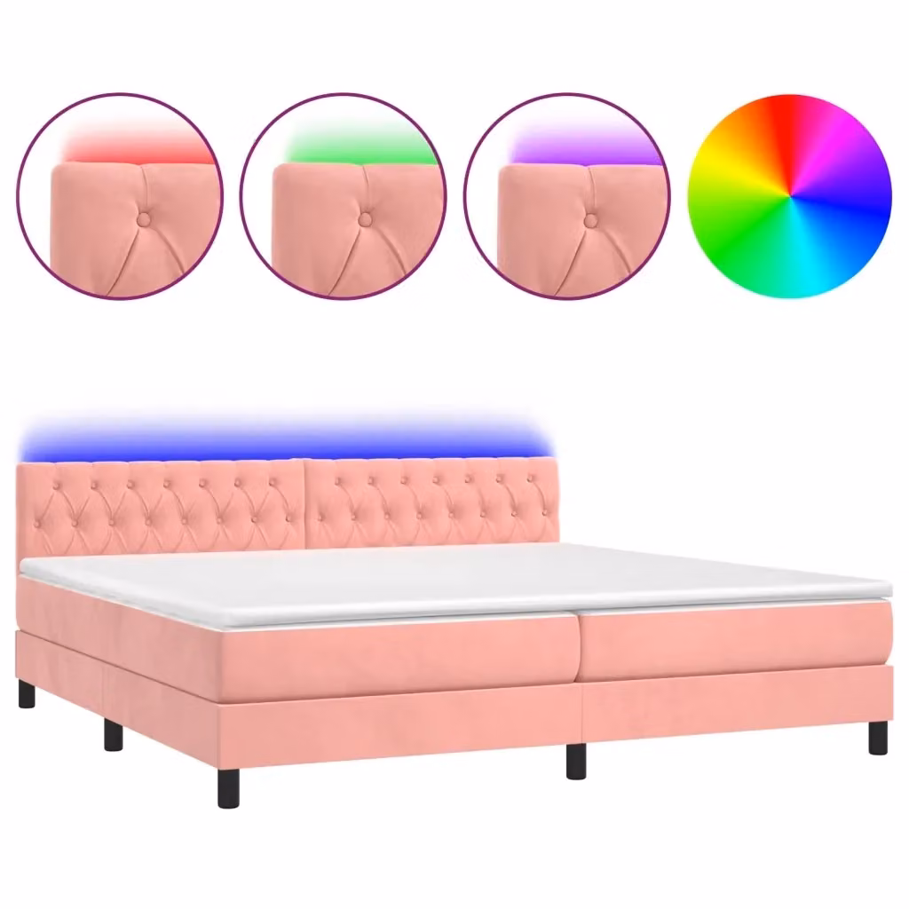 Letto matrimoniale con materasso ibrido vidaXL in velluto rosa e bianco con illuminazione LED sottostante e porta USB L/P/H: 200 x 200 x 88 cm – 2