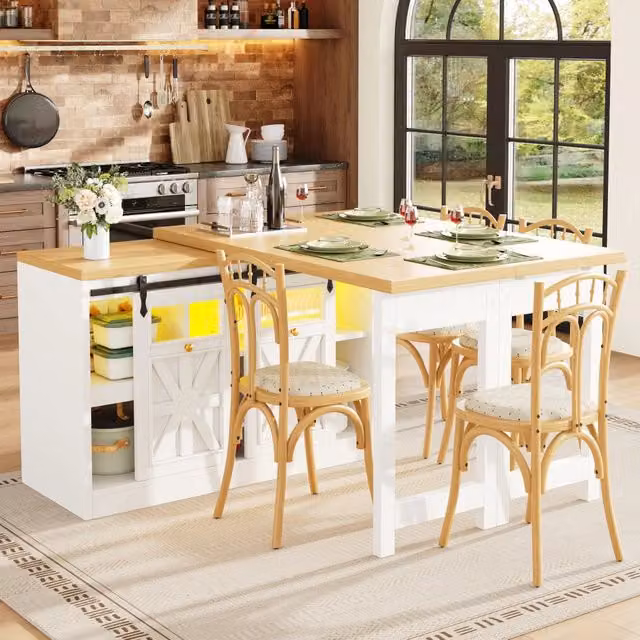 Desviae Mobile cucina con tavolo estraibile piani girevoli a 360° LED RGB MDF bianco 120–197 × 40 × 72 cm