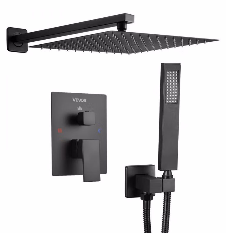 Rubinetto per doccia a pioggia - Colore: nero opaco - Diametro: 305 mm - Bocchetta per doccia - Miscelatore in ottone - Montaggio a parete