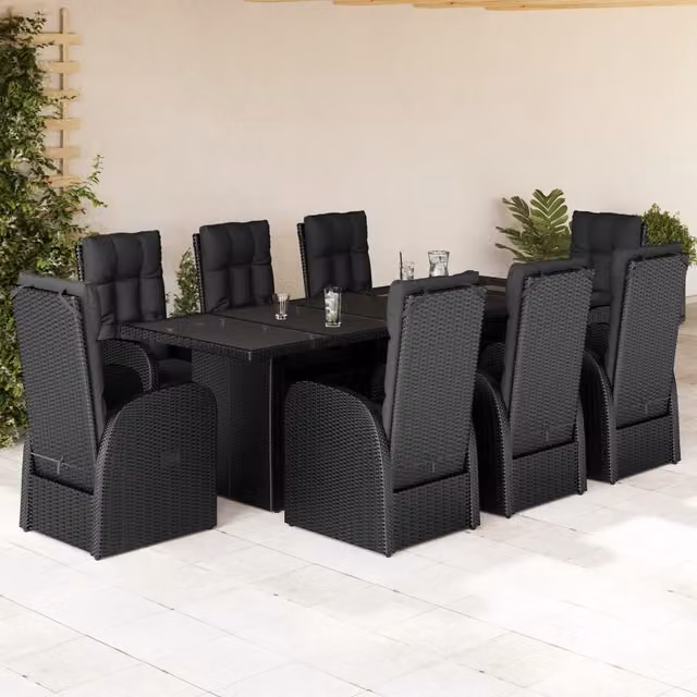 Set da pranzo da giardino vidaXL in polyrattan nero con cuscini e tavolo in vetro, 9 pezzi