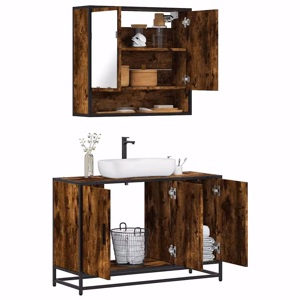 Set di mobili da bagno vidaXL in stile industriale composto da mobile lavabo e armadietto con specchio, colore marrone, in legno e metallo