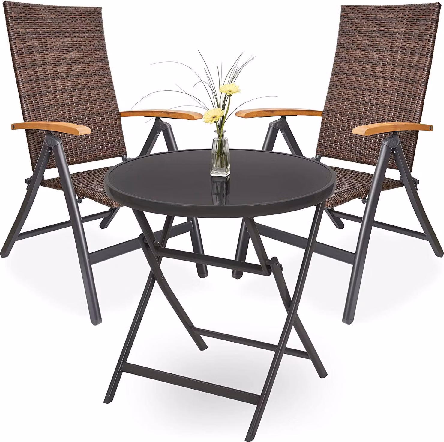 Gruppo da giardino BRUBAKER Modena - 1 tavolo in vetro pieghevole rotondo 70 cm Ø con 2 sedie in polyrattan - resistente alle intemperie - marrone/antracite