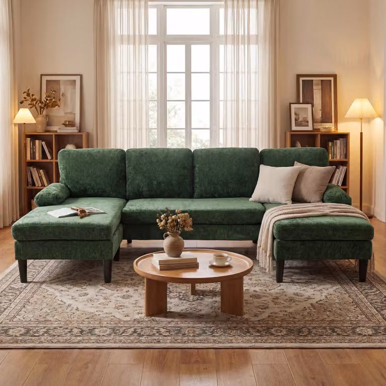 Divano angolare Costway in velluto verde con 4 cuscini, struttura in legno e metallo, design moderno a L per soggiorno