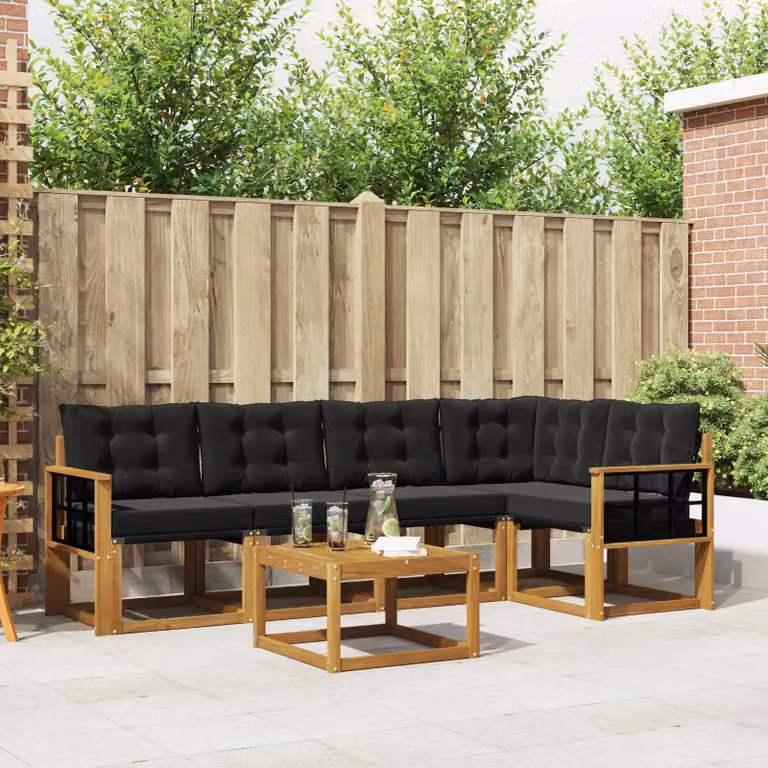 Set di divani da esterno vidaXL 6 pz a forma di L in legno di acacia con tavolo da caffè, colore marrone e nero