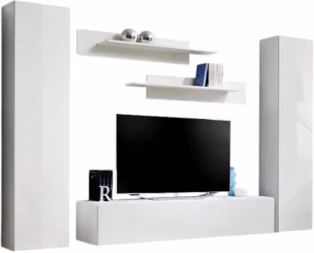 Composizione murale FLY A1 – Mobile TV sospeso e colonne – Bianco lucido – Design moderno
