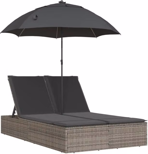 Lettino Prendisole | Sdraio da giardino | Lettino da sole Doppio Cuscini e Parasole Grigio Polyrattan