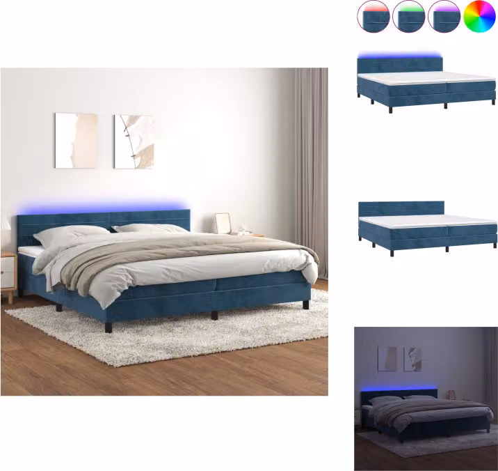 vidaXL Letto a molle con materasso e LED in velluto blu scuro 200x200 cm - Letti & strutture letto