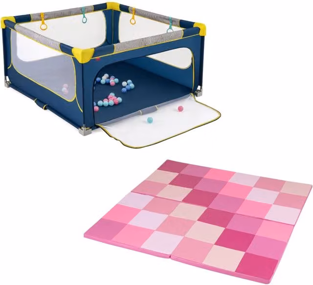 Set di recinto per bambini pieghevole e tappetino attività patchwork rosa, composto da 2 pezzi in metallo e schiuma bpa free, L: 150 cm, P: 150 cm, H: 76,5 cm