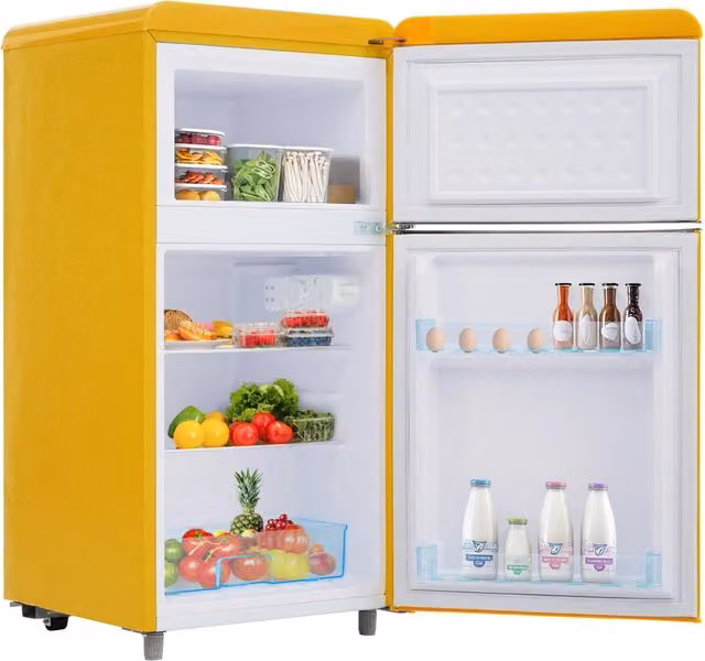 Frigorifero in stile retr¨°, modello a doppia porta superiore e inferiore, capacit¨¤ totale 72 litri, con scomparto congelatore da 21 litri, consumo