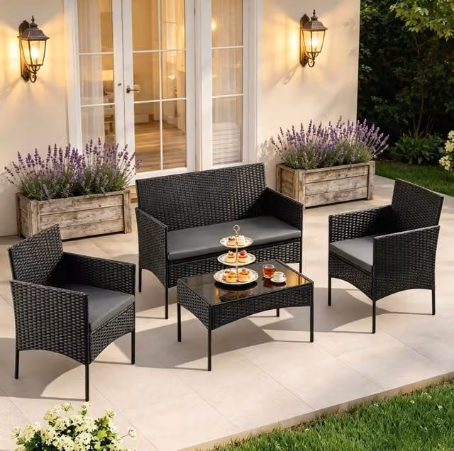 Set da giardino ULEVR 4 pezzi per 4 persone con divano 2 posti, 2 poltrone e tavolino con vetro temperato, nero