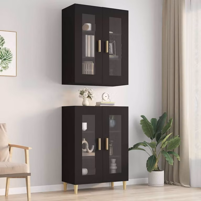 Armadietto Pensile da Parete vidaXL Nero con Ante in Vetro e Ripiani Interni L: 69,5 cm, P: 34 cm, H: 90 cm