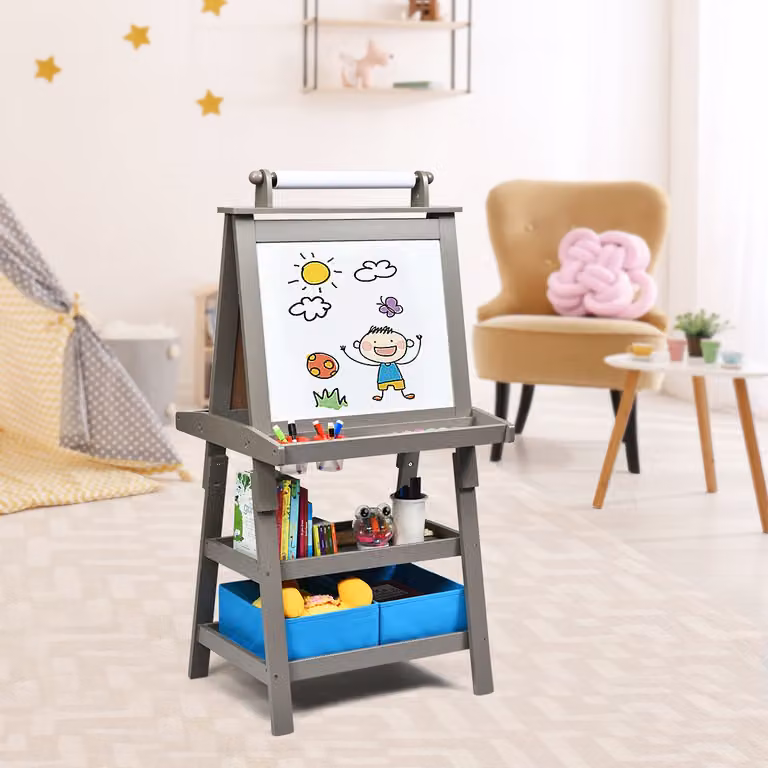 Cavalletto 3 in 1 Costway per bambini con lavagna bianca e nera e rotolo di carta, Grigio