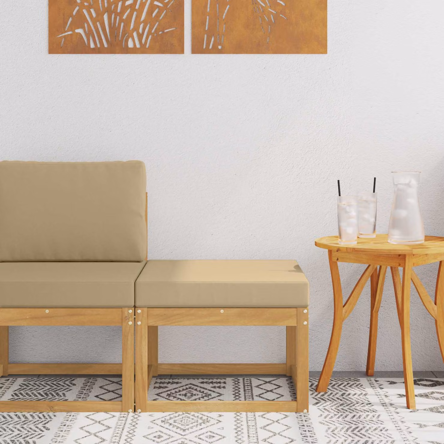 vidaXL Poggiapiedi da esterno moderno in legno di acacia con cuscini bianchi e beige L: 59,0 cm, P: 37,0 cm, H: 37,0 cm