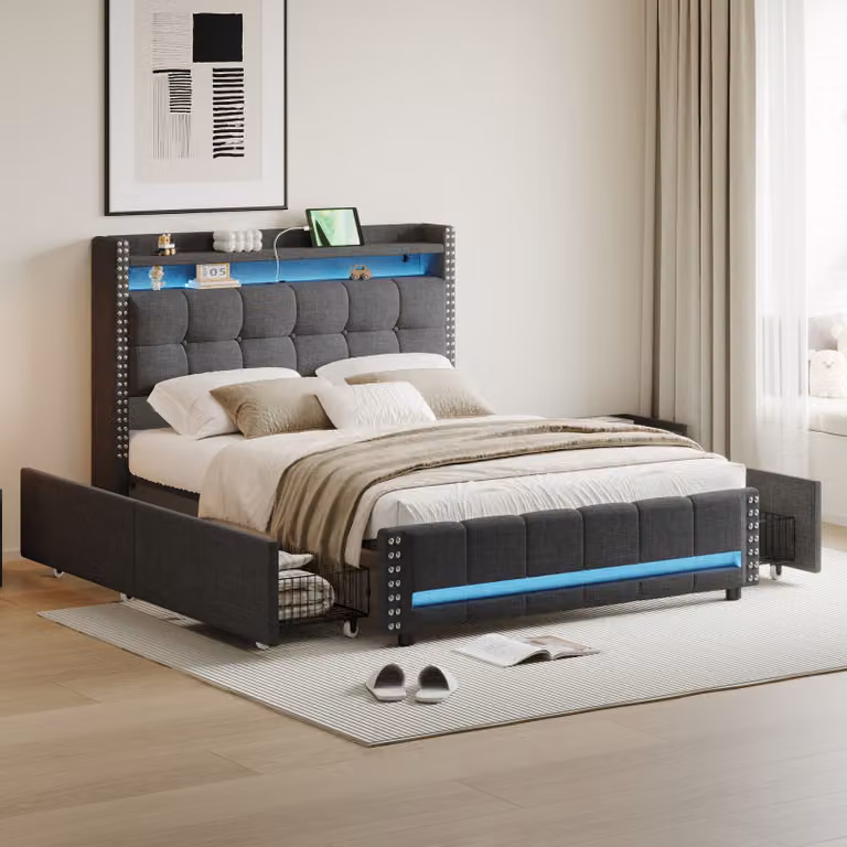 MODFU Letto imbottito idraulico 140 x 200 cm con illuminazione a LED, Letto matrimoniale funzionale con porta di ricarica USB, Letto matrimoniale con 4 cassetti, Tessuto di lino, Grigio (senza materasso)