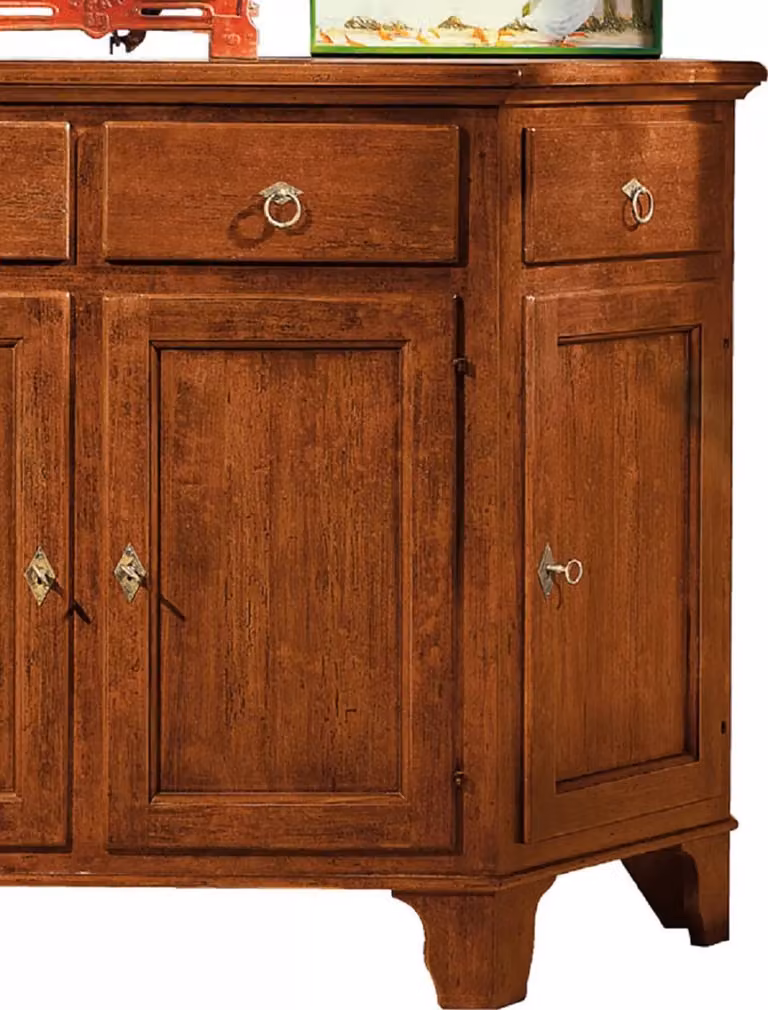 Madia credenza scantonata in legno massello Mobili 2G con 4 porte tinta noce L: 158 cm, P: 48 cm, H: 102 cm