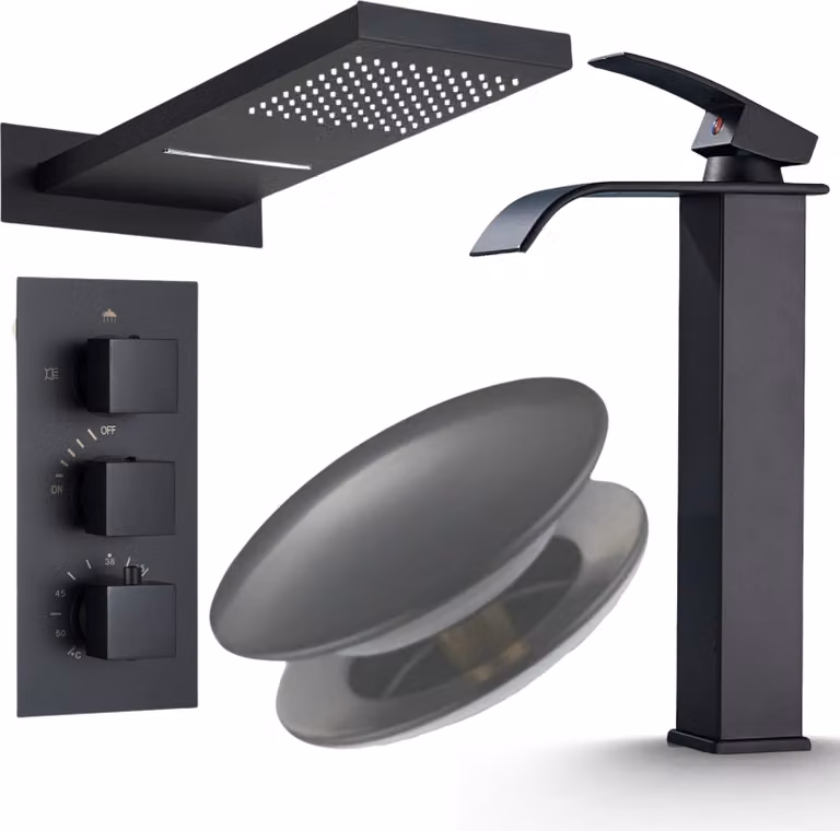 Rubinetto bagno Ari miscelatore lavabo con cascata waterfall, cartuccia Vetroceramica, ottone nero opaco