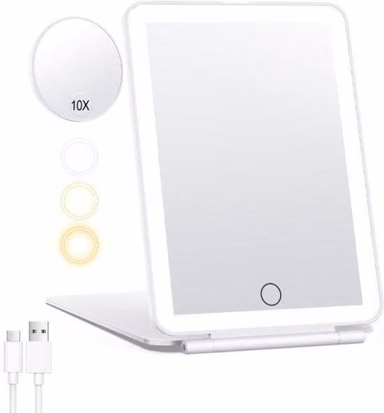 Specchio da trucco portatile con luci LED, ricaricabile. Specchio per il trucco con illuminazione, dotato di 3 livelli di luminosità regolabili. Specchio pieghevole, ideale da usare come specchio da viaggio o da comodino. Colore: bianco