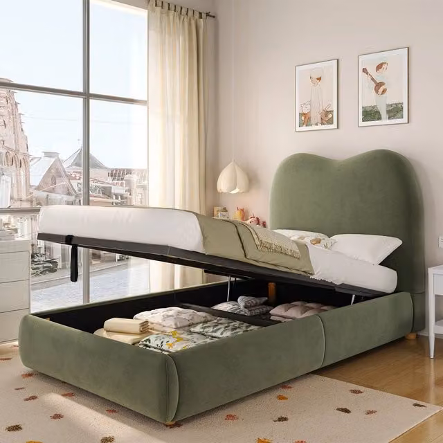 Letto imbottito contenitore singolo ¨C Minimal ¨C Velluto verde, con rete a doghe, 90x200 cm