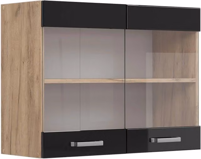 Pensile da cucina moderno Vicco R-Line con ante in vetro, Nero lucido e Rovere, L: 80 cm, H: 60 cm, P: 31 cm