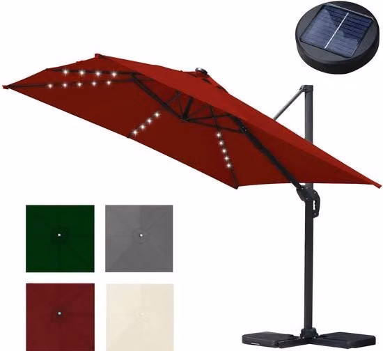 Ombrellone da terrazzo MERKLOOS con braccio laterale, Diametro: 3 m, colore rosso, protezione UV 50+, rotazione 360°, inclinazione regolabile e illuminazione LED