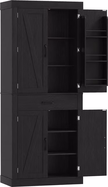 Dispensa da cucina HOMCOM in stile country con 2 armadietti, 6 ripiani e cassetto, in legno, Nero, L: 76 cm, P: 39.5 cm, H: 183.5 cm – 1