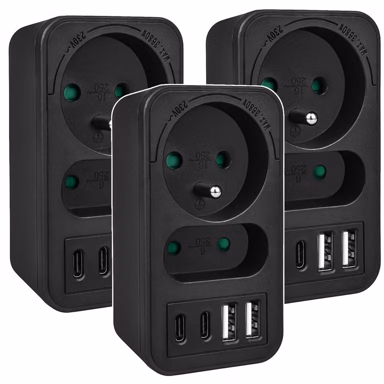 Presa di corrente Maclean x2 + splitter 4xUSB con 2 prese 2xUSB A 2xUSB C PD 20W 1x16A + 1x6A MCE249 F/B 3 pezzi