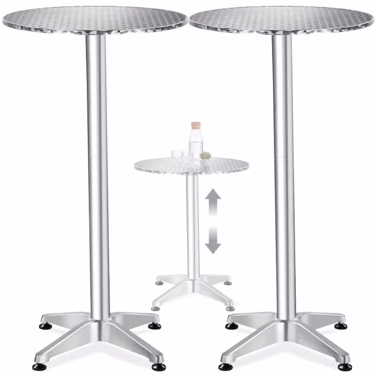 Tavolino da bistrot rotondo Tectake in acciaio inossidabile argento, regolabile in altezza, L: 60 cm, H: 67-110 cm