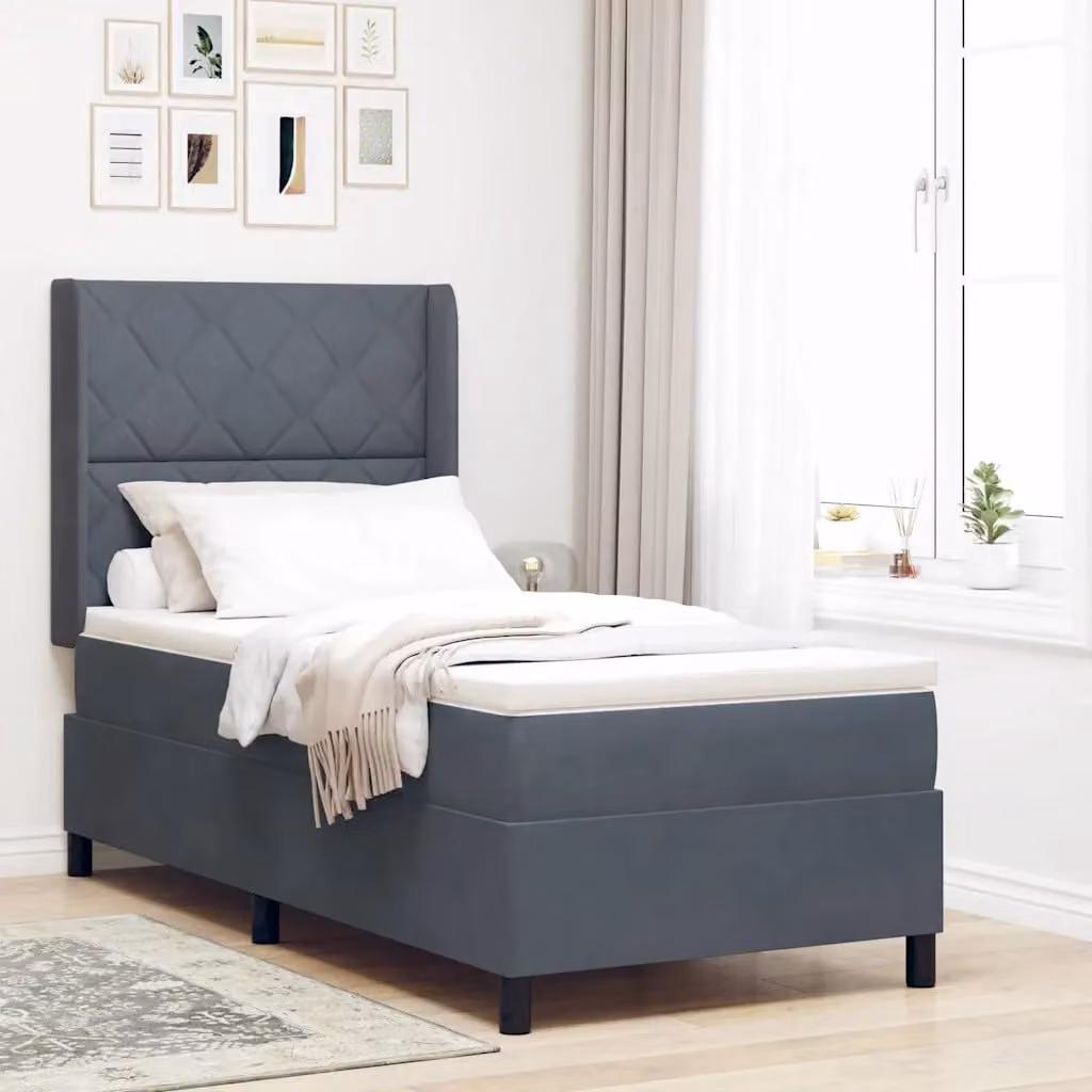 Letto a molle con testiera vidaXL in velluto grigio, L/P/H: 190 x 90 x 93 cm – 1