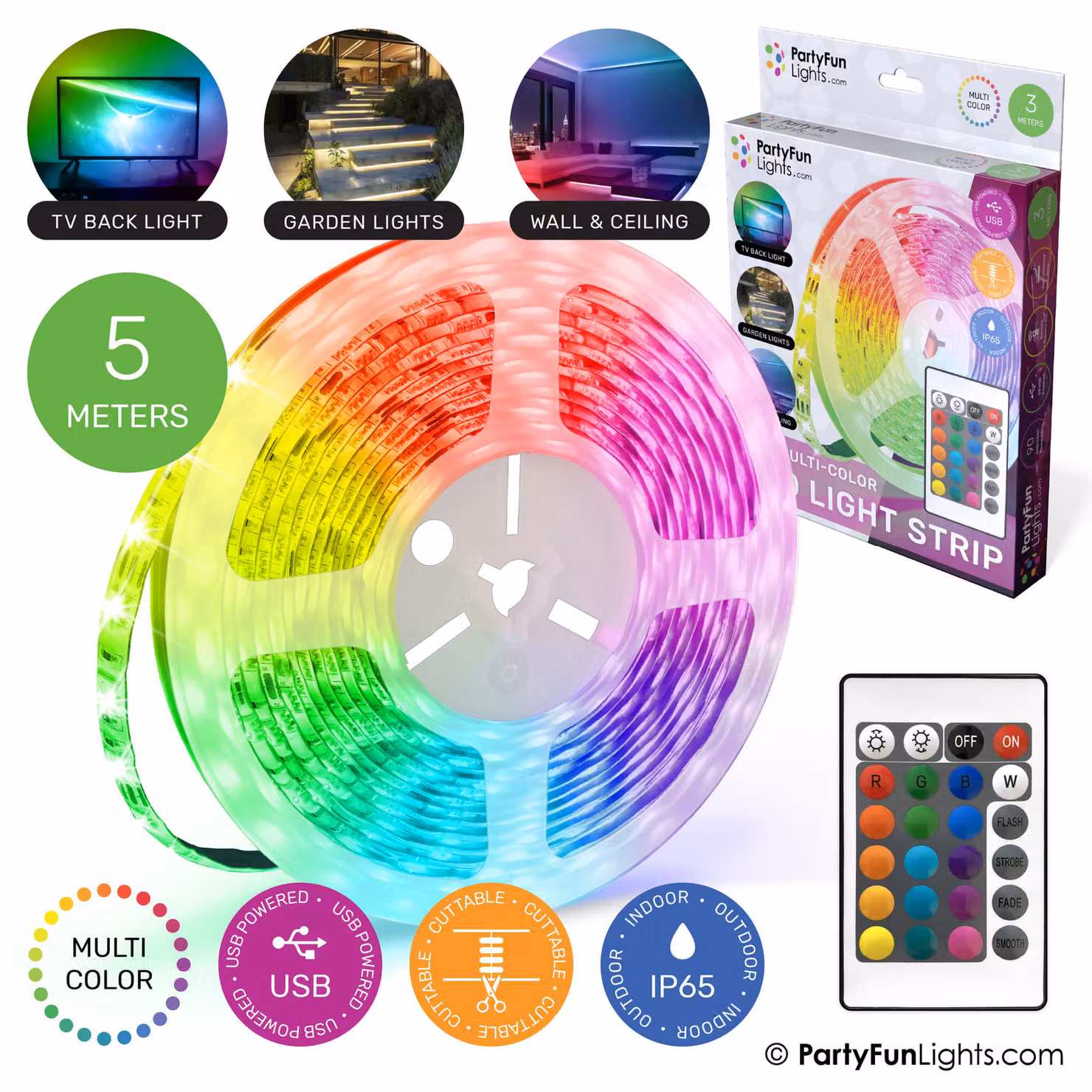 PartyFunLights Striscia LED multicolore RGB - Alimentazione USB - 5 metri