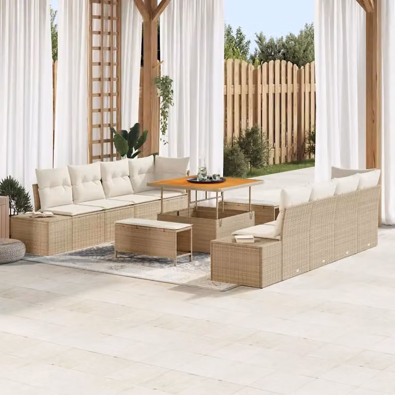 Set Divano da Giardino vidaXL 11 Pezzi in Polyrattan Beige con Cuscini e Tavolino