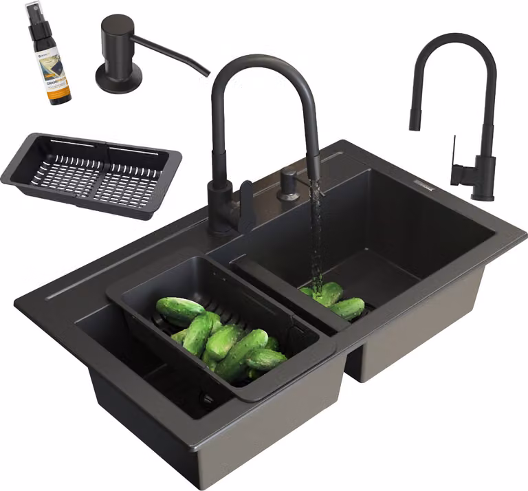 Granitan - Lavello in granito - Lavello da cucina - 2 vasche - 75x45 cm - Nero - con rubinetteria GRADO e sifone - DUET
