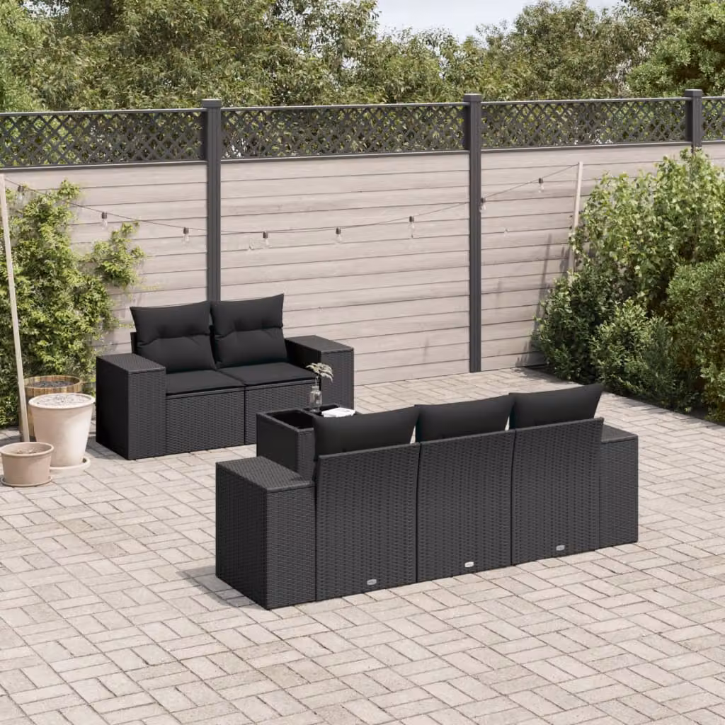 Set Divano da Giardino a L vidaXL 6 pz con Cuscini Nero in Polyrattan e Tavolino da Caffè – 1