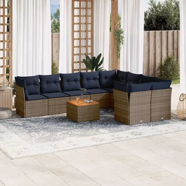 Set Divani da Giardino 10 pz con Cuscini Grigio in Polyrattan 3256152