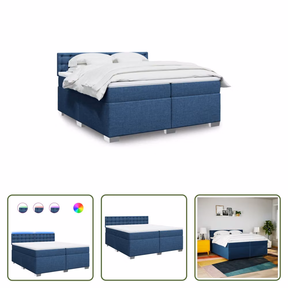 The Living Store Letto a molle con materasso blu 200x200 cm in tessuto